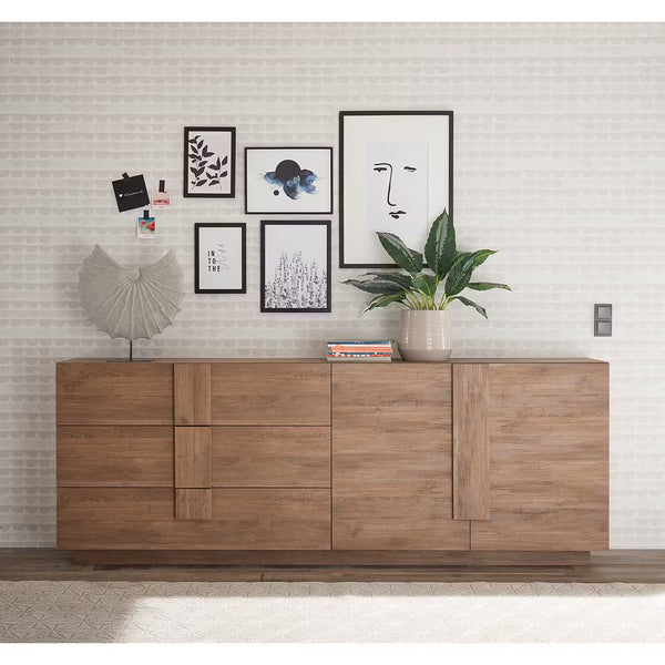 Wooden Sideboard with Textured Panel Details for Living Storage