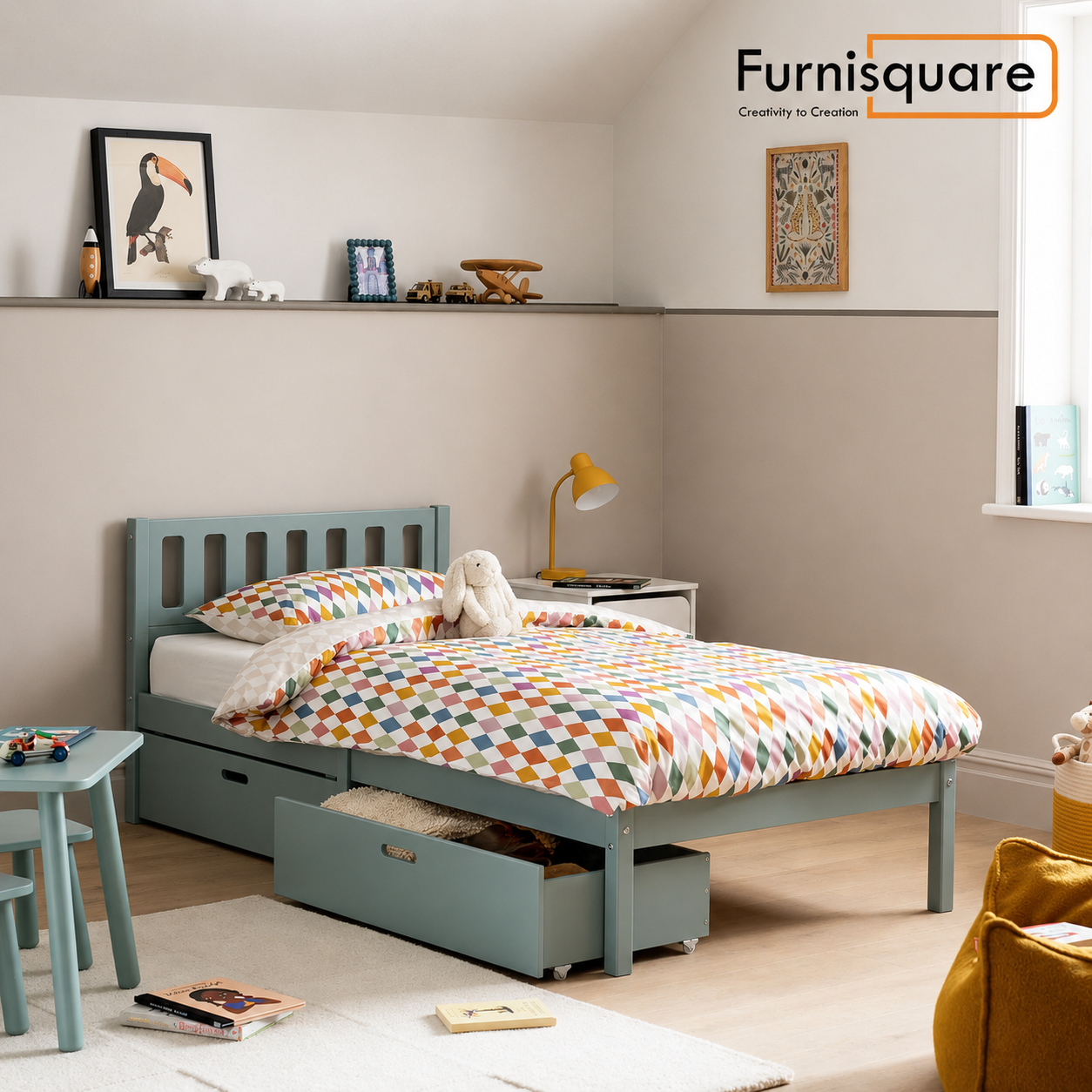 Solid Wood Single Bed with Storage Drawers