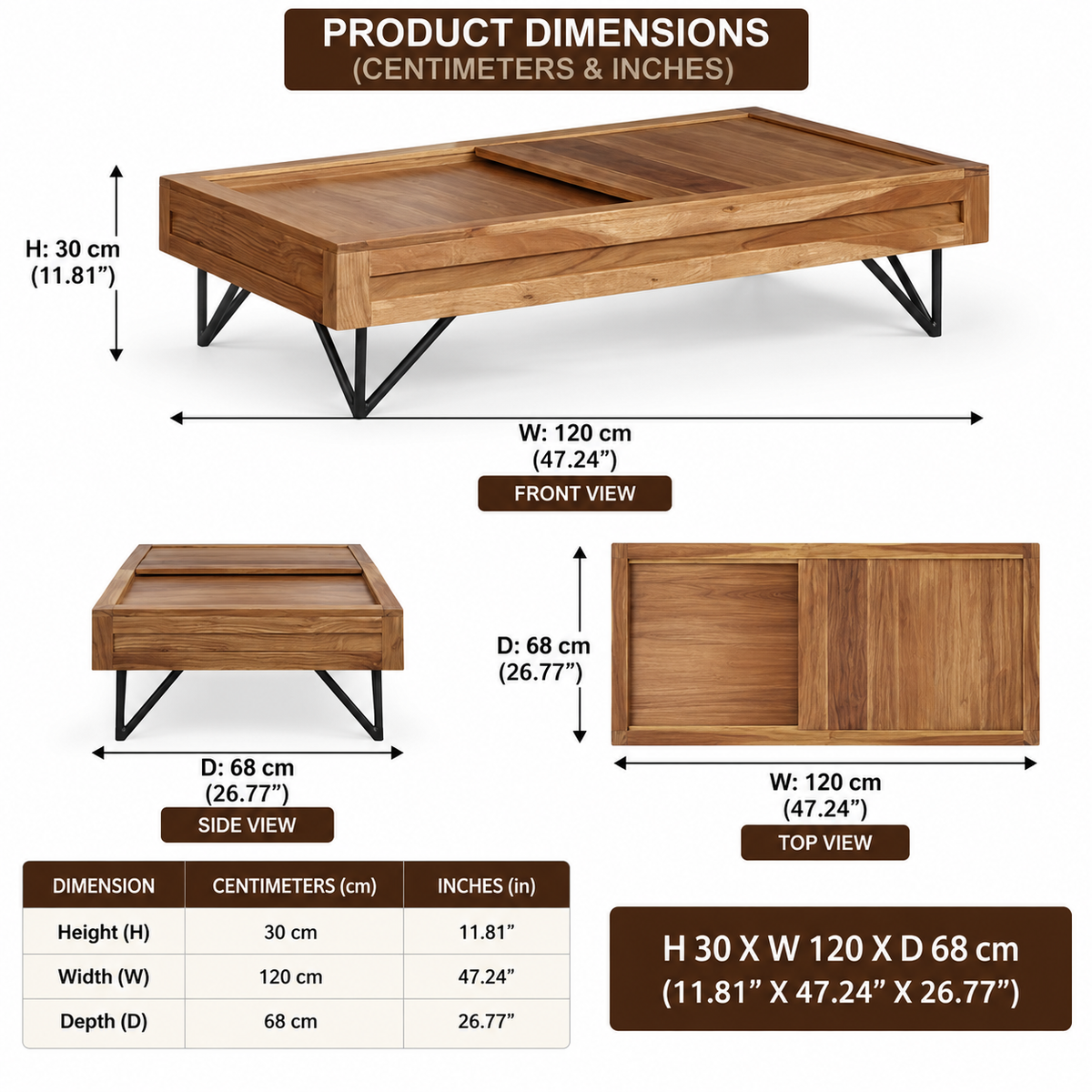 Solid Wood Coffee Table with Slide-Top Storage & Metal Legs