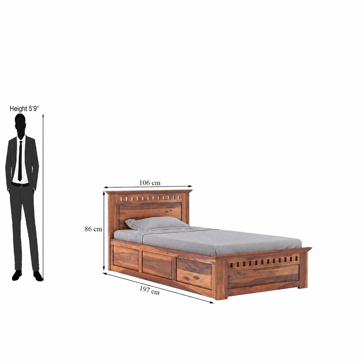 Solid Sheesham Wood Single Bed  with Storage  for Bedroom Home Furniture
