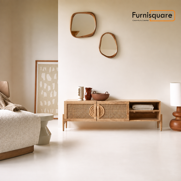 Wooden TV Cabinet for Entertainment Space in Natural Finish