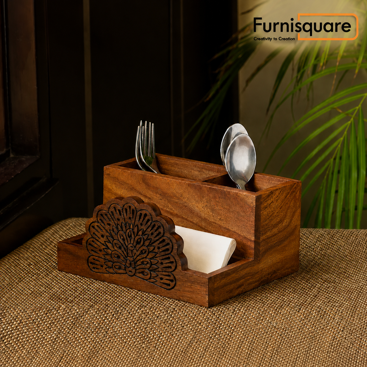 Wooden Hand Carved Cutlery & Stationery Holder
