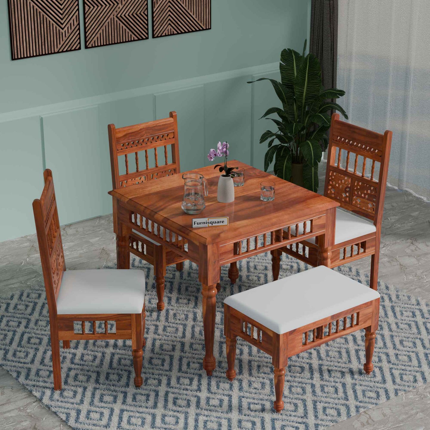 Solid Wood Dining Table 4 Seater with Bench for Dining Room in Natural Finish