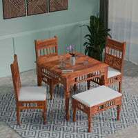 Solid Wood Dining Table 4 Seater with Bench for Dining Room in Natural Finish