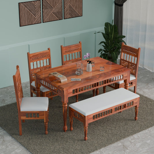 Solid Wood Dining Table 6 Seater with Cushioned Bench