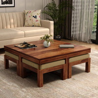 Solid Sheesham Wood  Coffee Table with 4 Stools for Living Room