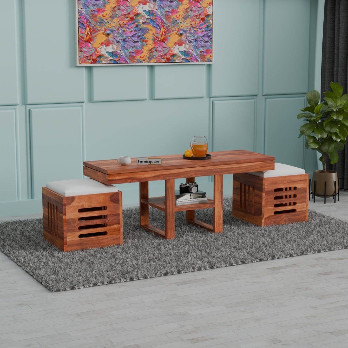Wooden Coffee Table with Stool for Living Room