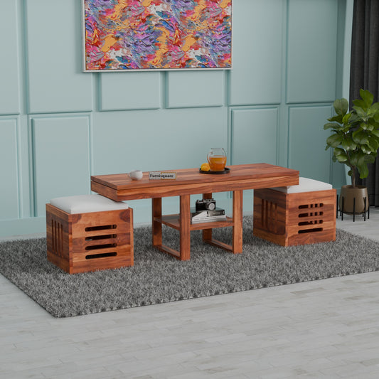 Wooden Coffee Table with Stool for Living Room