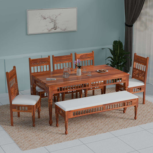 Wooden Dining Table 8 Seater with Cushioned Bench in Natural Finish