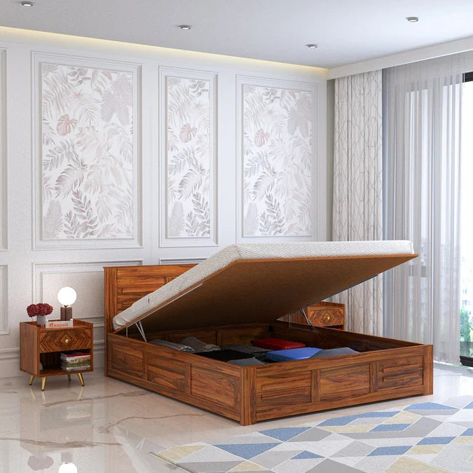 Solid Sheesham Wood King Size Bed with Hydraulic Storage