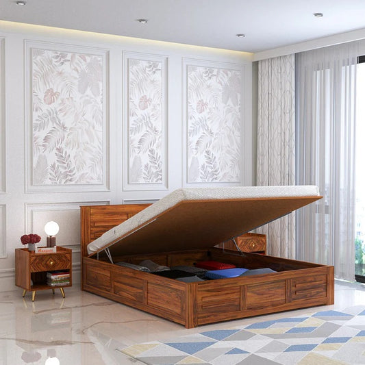 Solid Sheesham Wood King Size Bed with Hydraulic Storage