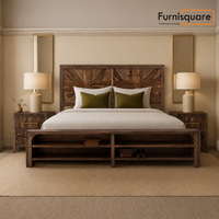 Solid Wood King Bed with Storage Bench in Rustic Teak Finish
