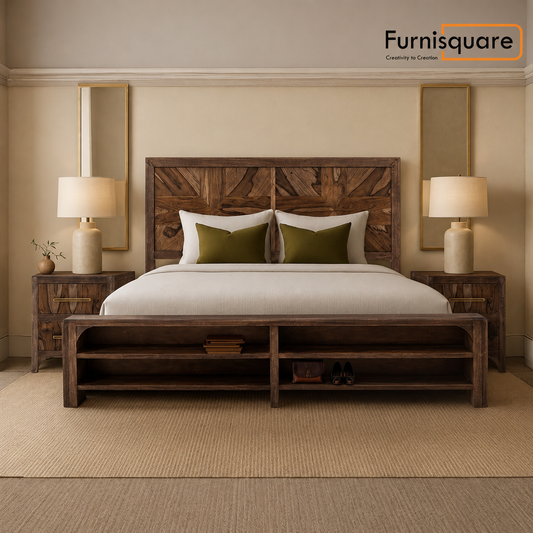 Solid Wood King Bed with Storage Bench in Rustic Teak Finish
