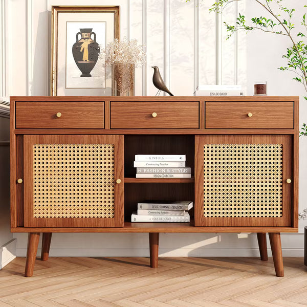 Wooden Sideboard with Rattan Sliding Doors & Drawers