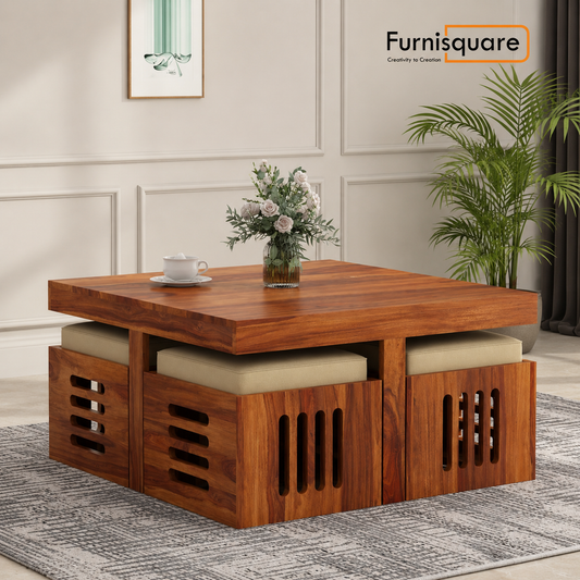 Wooden Coffee Table with 4 Stools