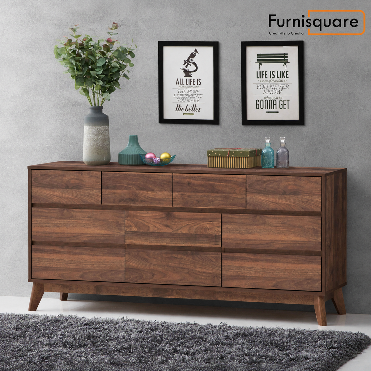 Wooden Chest of Drawer for Living Storage in Walnut Finish
