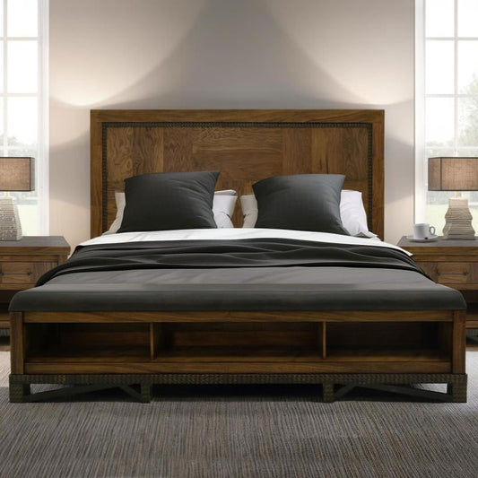 Solid Wood King Bed with Storage Bench and Headboard
