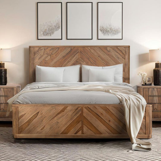 Wooden King Bed with Herringbone Wood Design