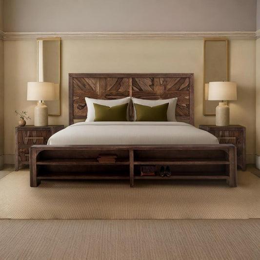 Solid Wood King Bed with Storage Bench in Rustic Teak Finish