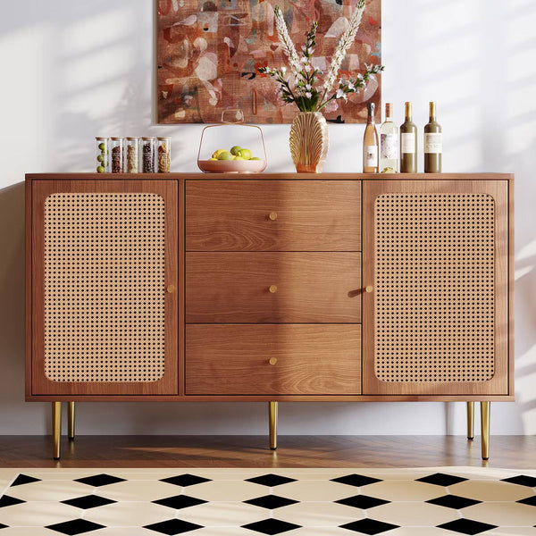 Solid Wood Rattan Sideboard Cabinet for Living Room in Walnut Finish