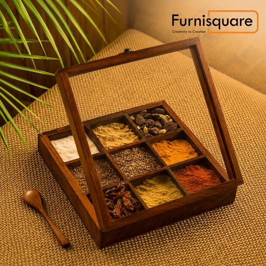 Solid Sheesham Wood Spice Box With Spoon