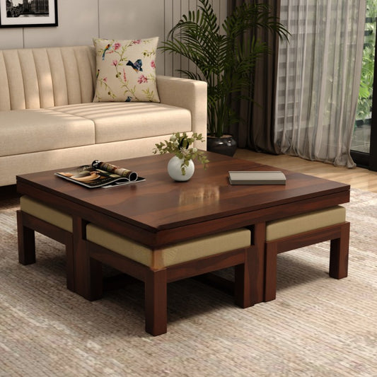 Solid Sheesham Wood  Coffee Table with 4 Stools for Living Room