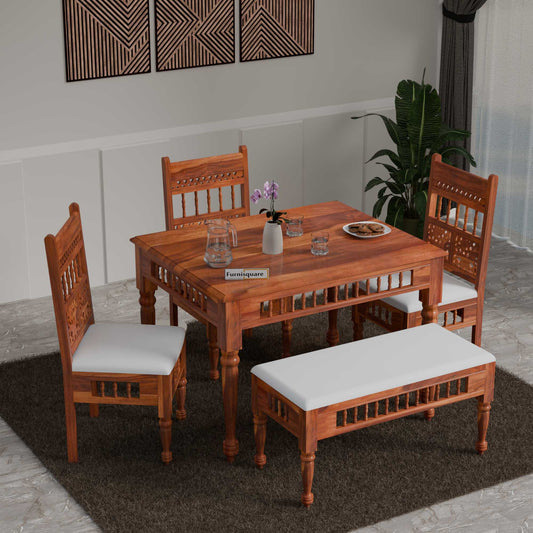 Wooden Dining Table 4 Seater with Cushioned Bench for Dining Room