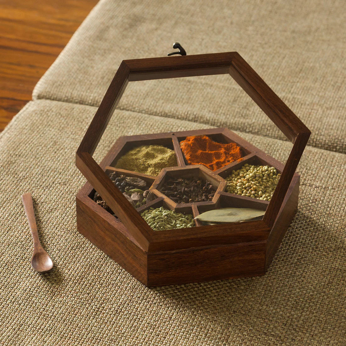 Sheesham Wood Hexagonal Spice Box With Spoon