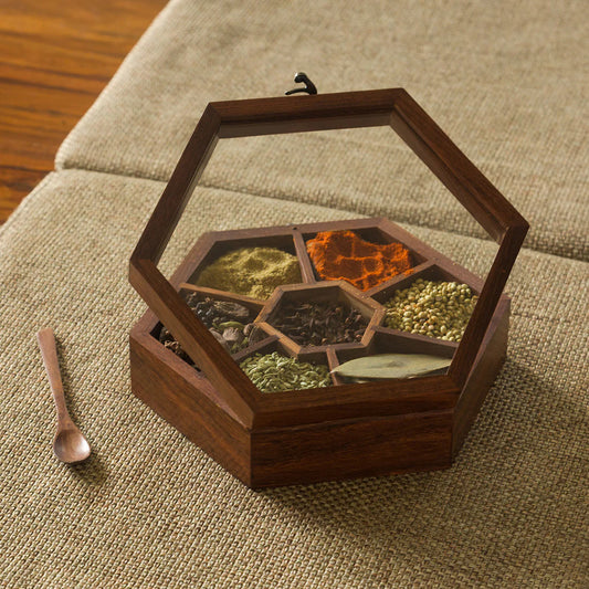 Sheesham Wood Hexagonal Spice Box With Spoon