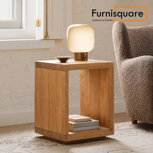 Wooden Cube Side Table with Open Storage | Solid Wood End Table