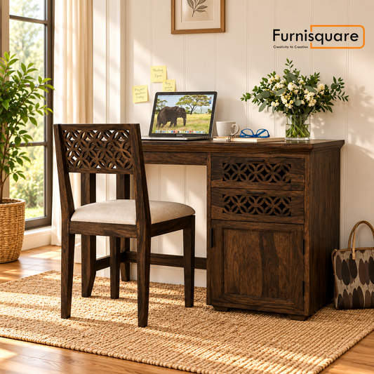 Wooden Study Table with Drawers Storage in Walnut Finish