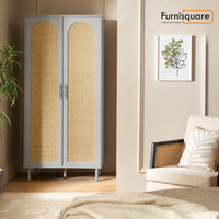 Solid Wood Wardrobe with Drawers in Rattan Design for Bedroom