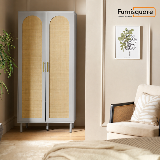 Solid Wood Wardrobe with Drawers in Rattan Design for Bedroom