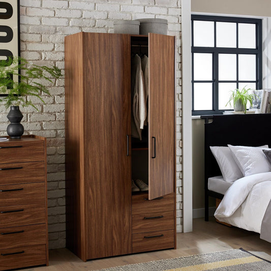 Solid Wood Wardrobe with Drawer Storage for Bedroom in Walnut Finish