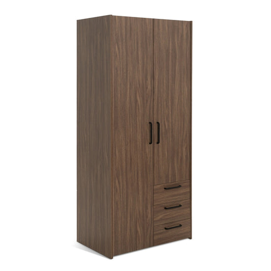 Solid Wood Wardrobe with Drawer Storage for Bedroom in Walnut Finish