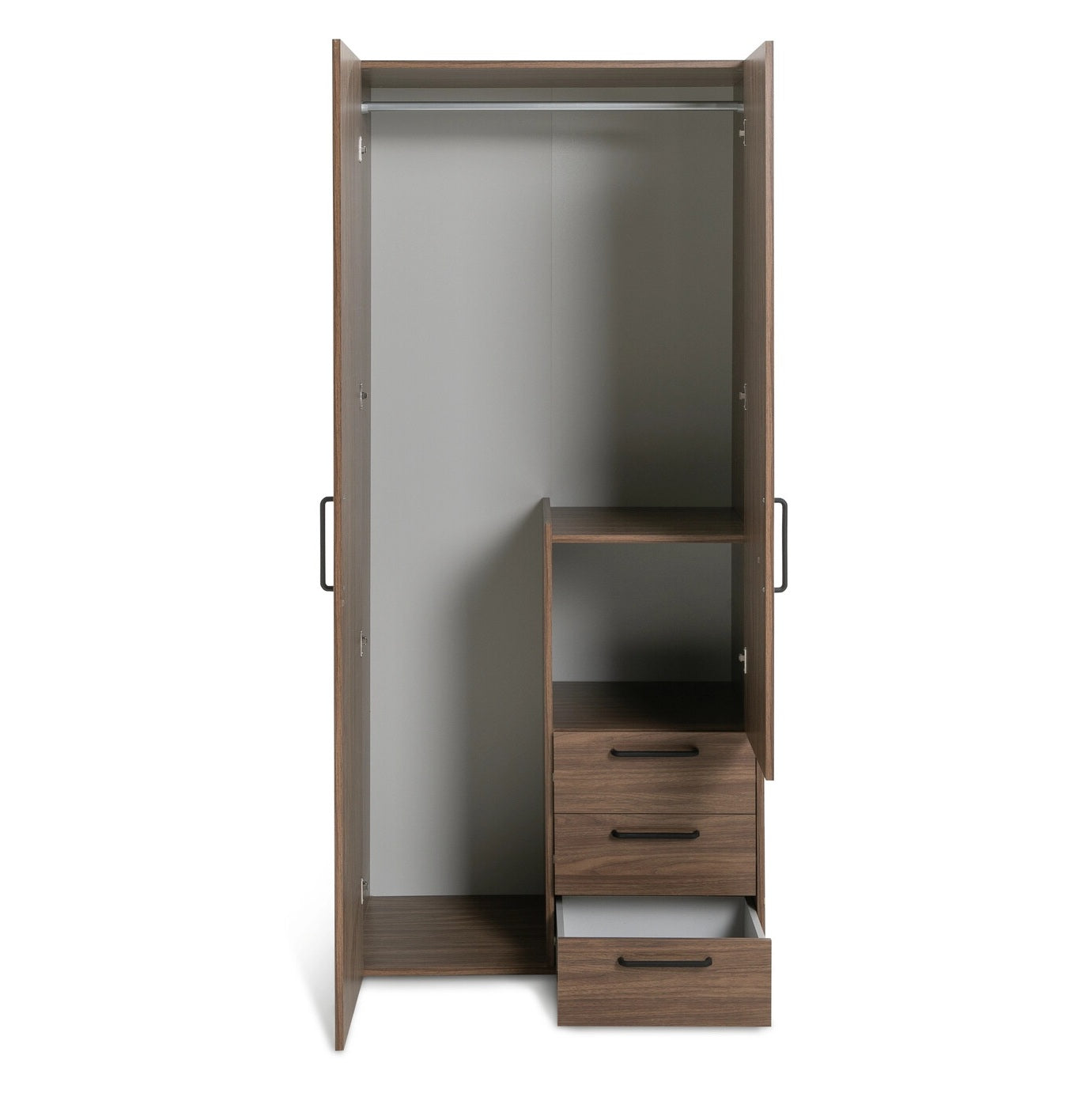 Solid Wood Wardrobe with Drawer Storage for Bedroom in Walnut Finish