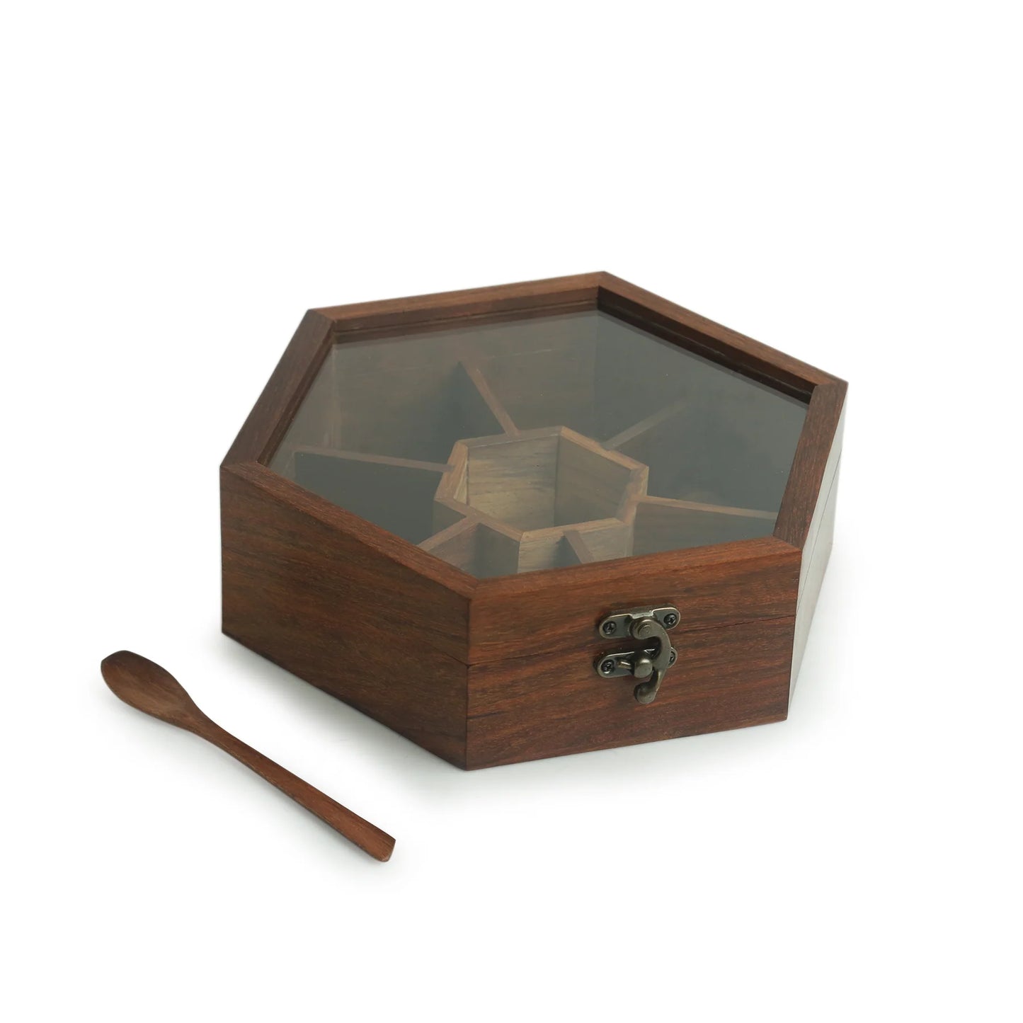 Sheesham Wood Hexagonal Spice Box With Spoon