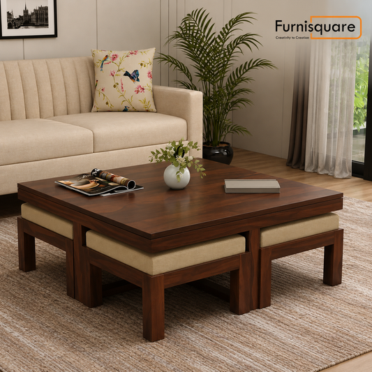 Solid Sheesham Wood  Coffee Table with 4 Stools for Living Room