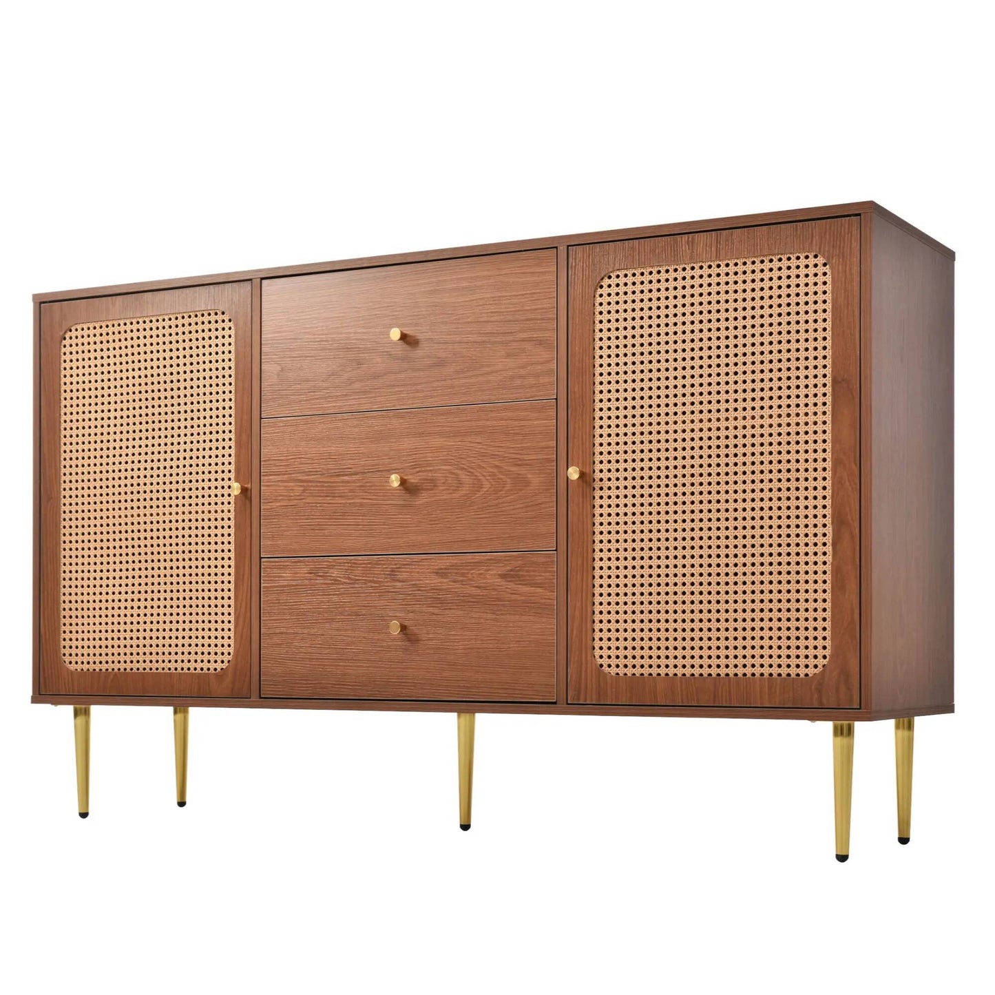 Solid Wood Rattan Sideboard Cabinet for Living Room in Walnut Finish