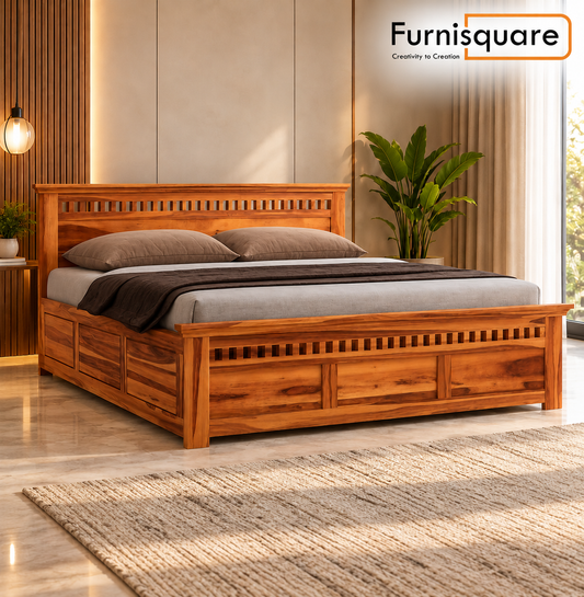 KUBER Sheesham Wood Queen Size Bed with Storage Box