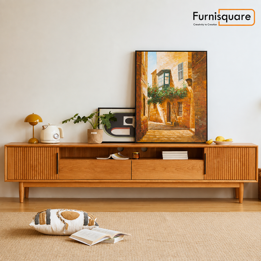 Solid Wood TV Cabinet with Storage for Living Storage in Natural Oak Finish