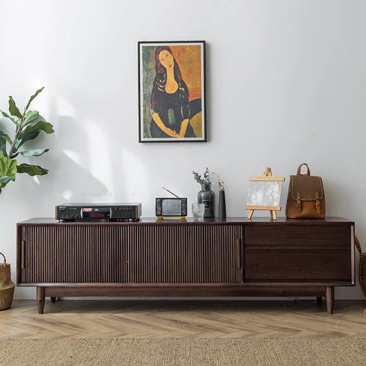 Solid Wood TV Cabinet with Storage for Living Storage in Dark Walnut Finish