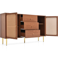 Solid Wood Rattan Sideboard Cabinet for Living Room in Walnut Finish