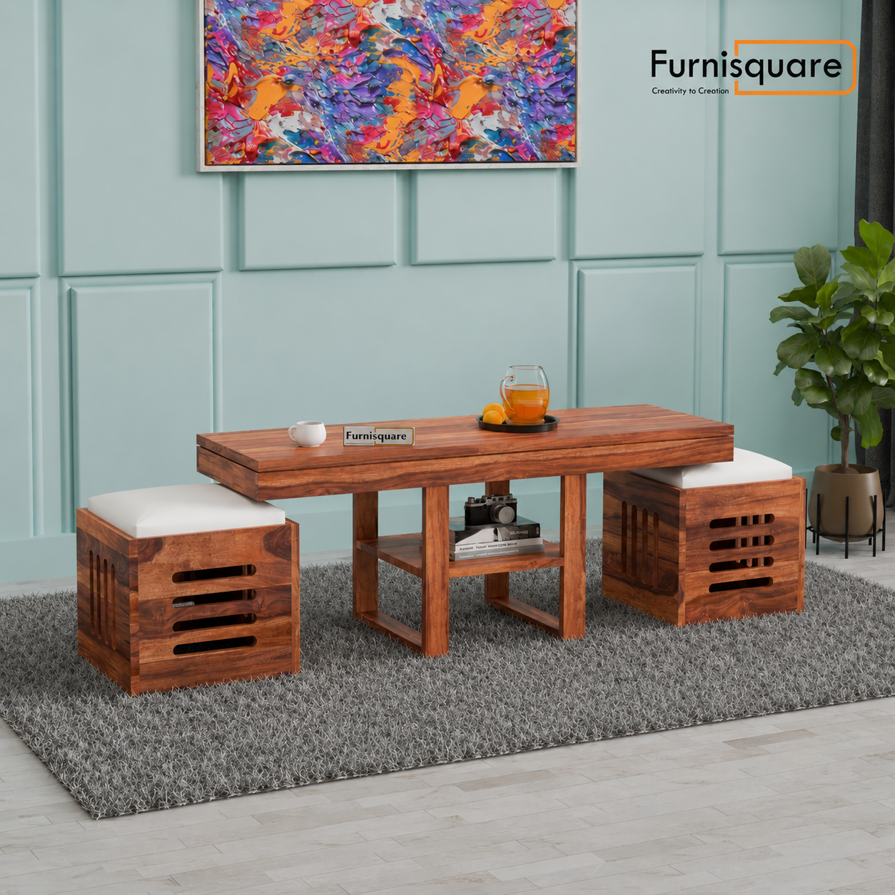 Wooden Coffee Table with Stool for Living Room