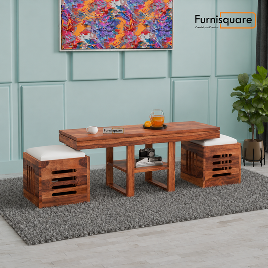 Wooden Coffee Table with Stool for Living Room