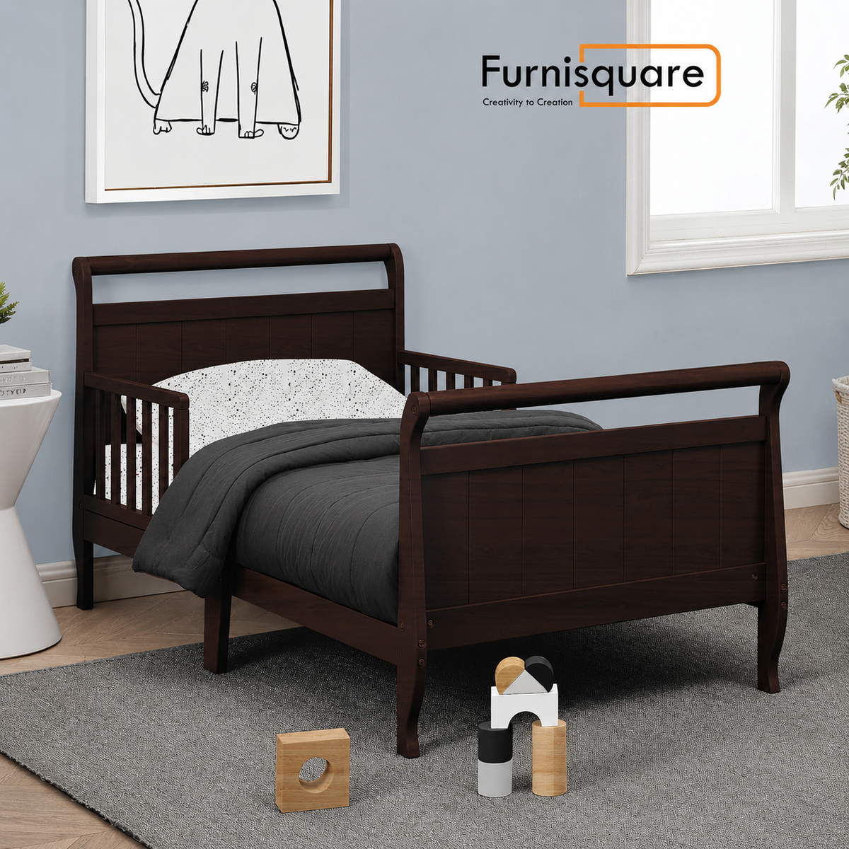Solid Wood Single Bed without Storage in Walnut Finish