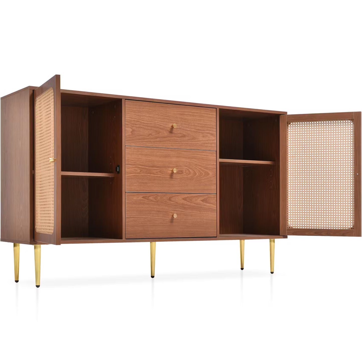 Solid Wood Rattan Sideboard Cabinet for Living Room in Walnut Finish