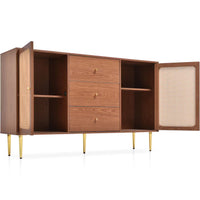Solid Wood Rattan Sideboard Cabinet for Living Room in Walnut Finish