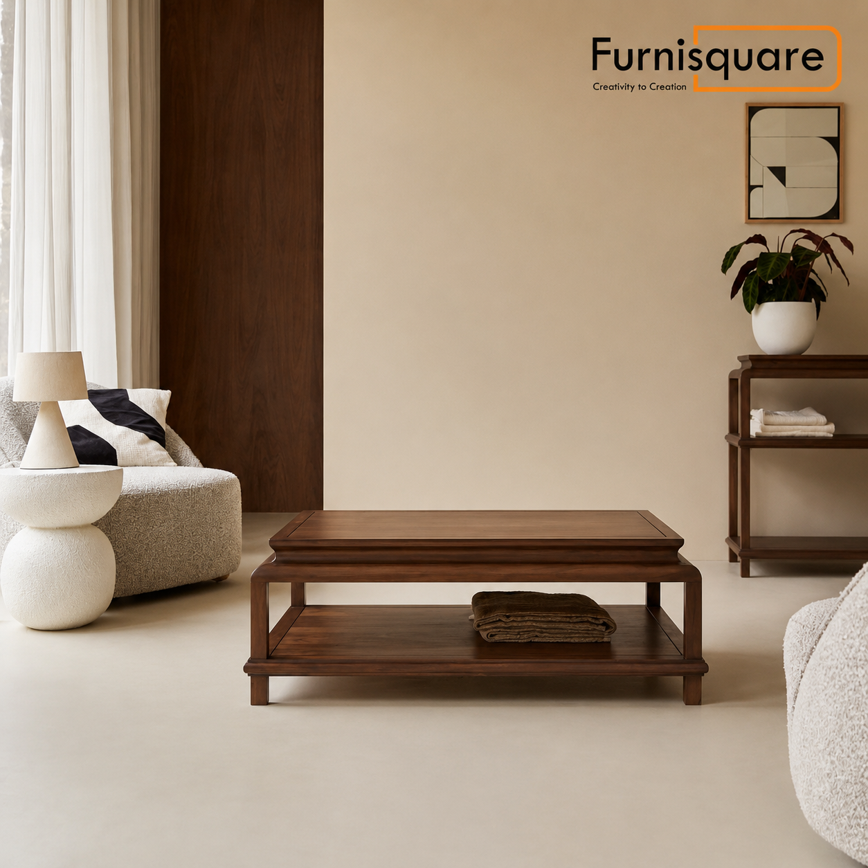 Wooden Coffee Table with Molded Edge & Shelf