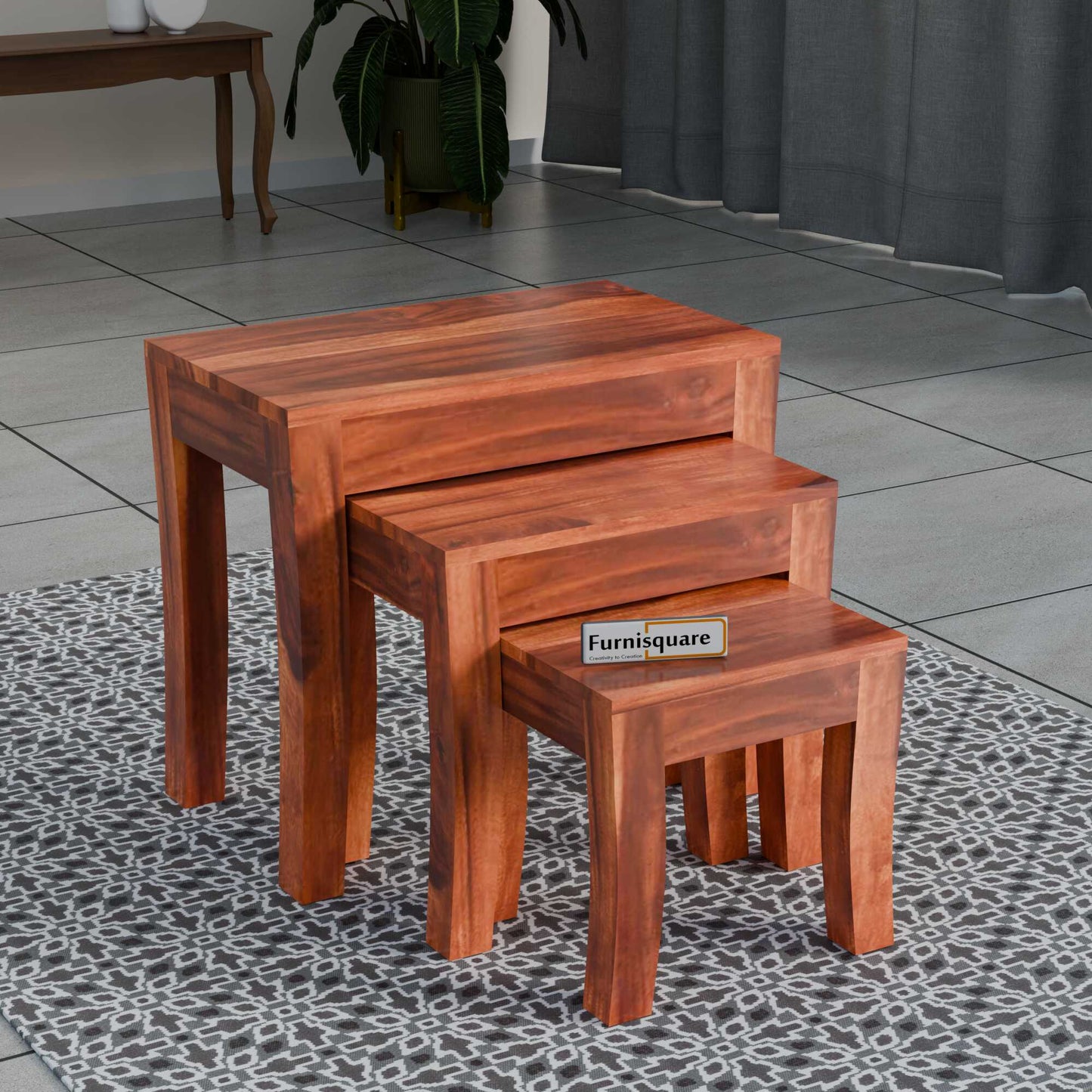 Solid Wood Nesting Tables Set of 3 Stools for Living Room